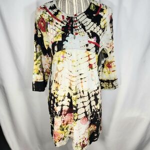 Zahra Saeed White w/Multi Print & Stitching Accents 3/4 Sleeve Dress Size L/XL